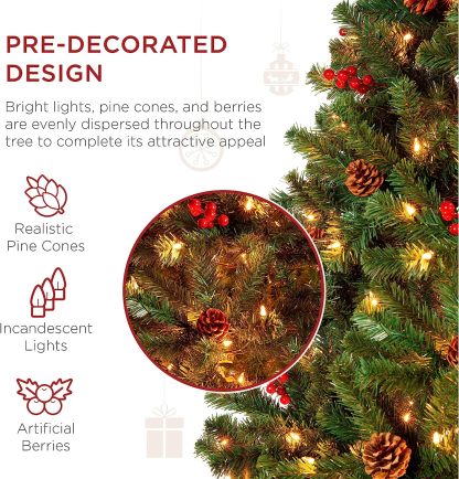 Best Choice Products - Árbol de Navidad artificial preiluminado de 7 pies predecorado con bisagras, con 1.346 puntas, piñas, bayas, 550 luces, base de metal