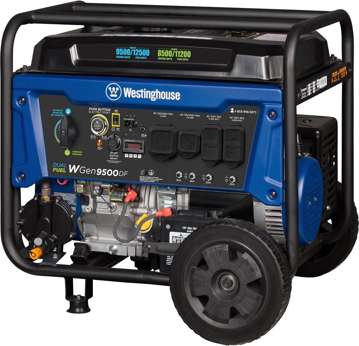 Generador portátil Westinghouse de 12500 W, combustible dual, arranque eléctrico remoto, interruptor de transferencia, alimentado por gas natural y propano ----- Guante