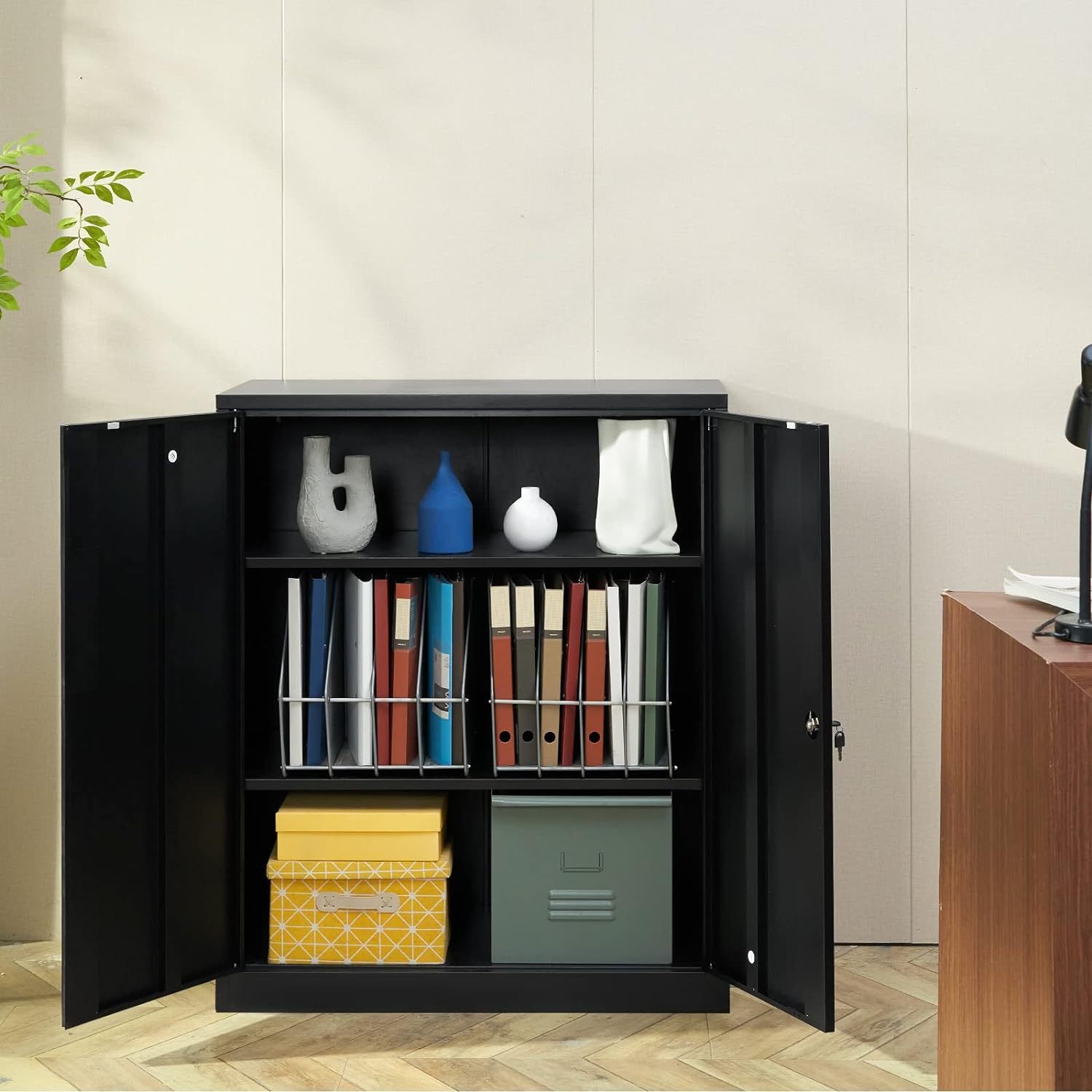 Metal Storage Cabinet with Wheels, 75'' Locking Steel Storage Cabinet with 2 Magnetic Doors and 4 Adjustable Shelves for Office, Garage, Home