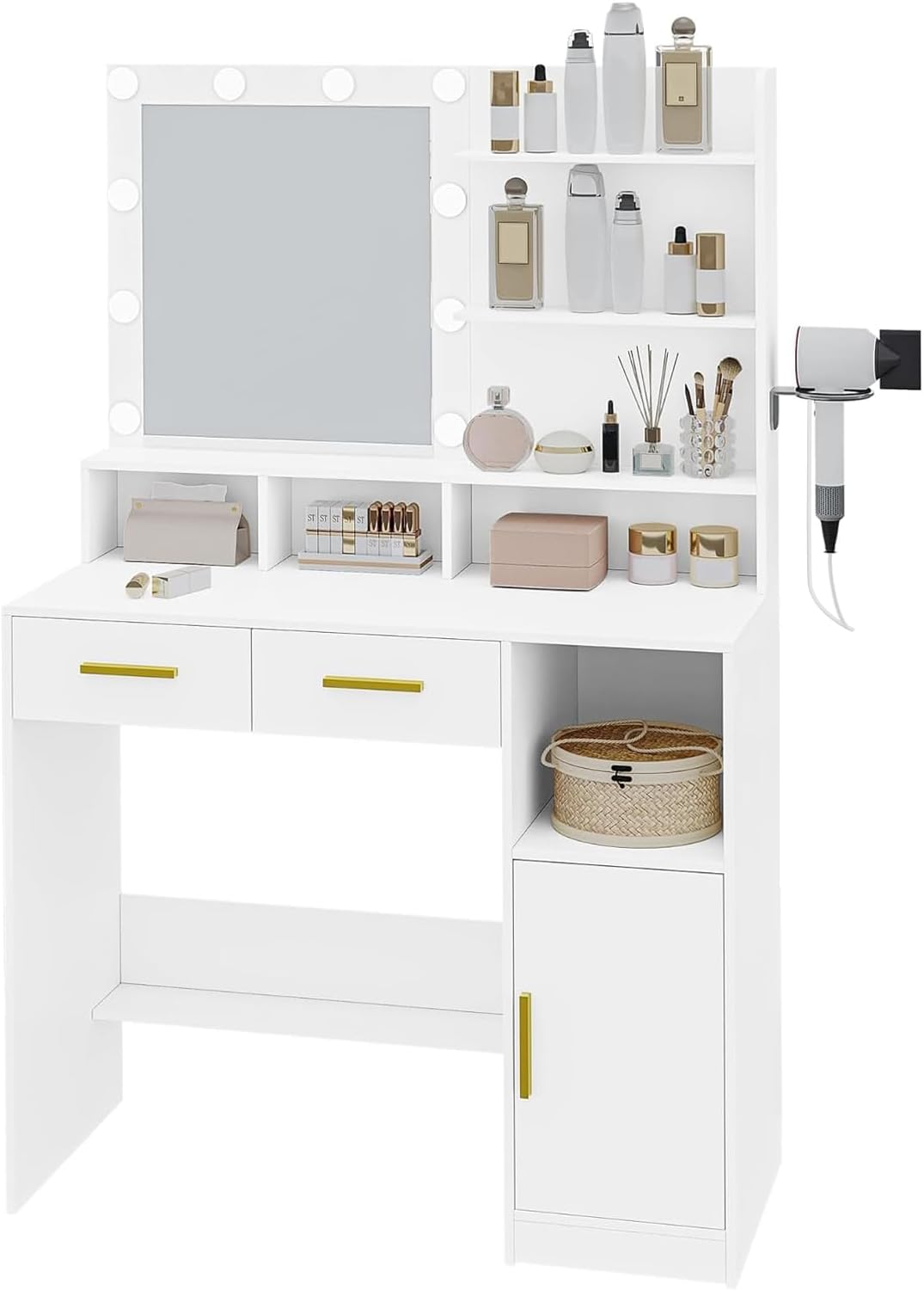 Tocador Vanity con Luz LED Regulable, Tocador de Maquillaje con 2 Cajones y 6 Estantes Abiertos Mesa de Maquillaje, Espejo de Pantalla Táctil Iluminado Ajustable (Blanco)