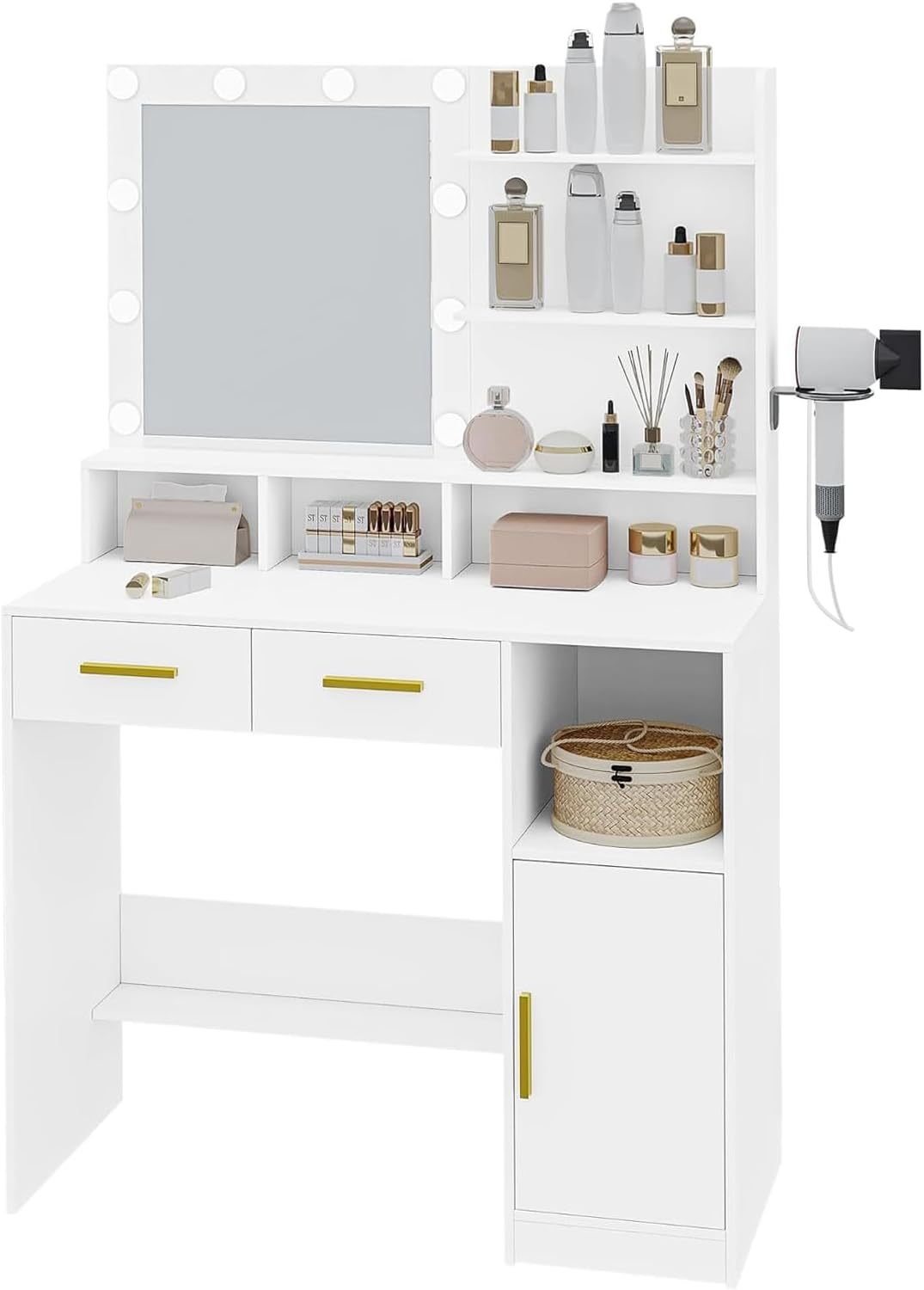 Tocador Vanity con Luz LED Regulable, Tocador de Maquillaje con 2 Cajones y 6 Estantes Abiertos Mesa de Maquillaje, Espejo de Pantalla Táctil Iluminado Ajustable (Blanco)