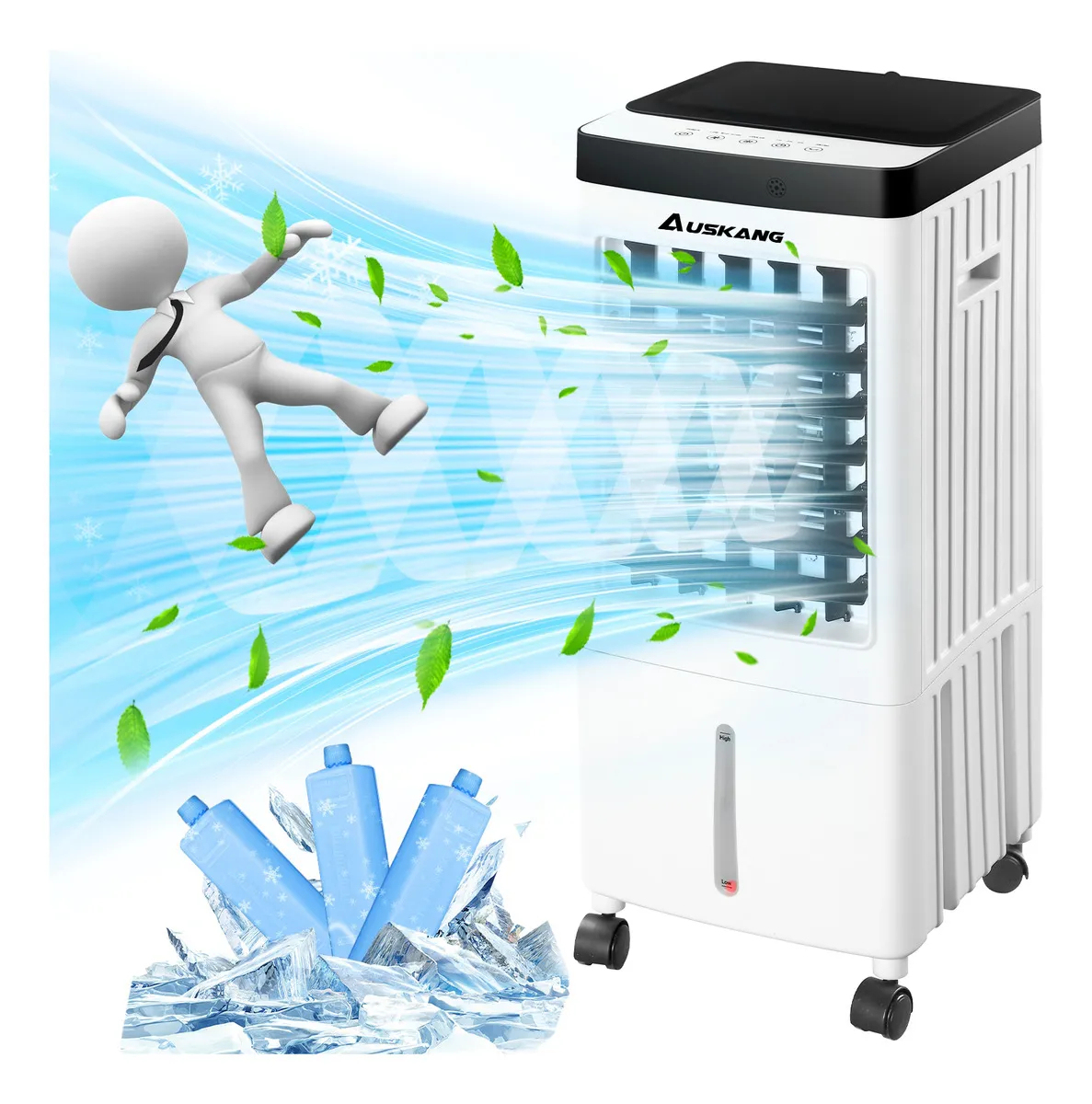 Auskang Aire Acondicionado Portátil 10L - 4 en 1 Enfriador de Aire,Ventilador de Frío Portátil Silencioso con 3 Cajas de Hielo,Control Remoto y Temporizador para Dormitorio Habitación Oficina
