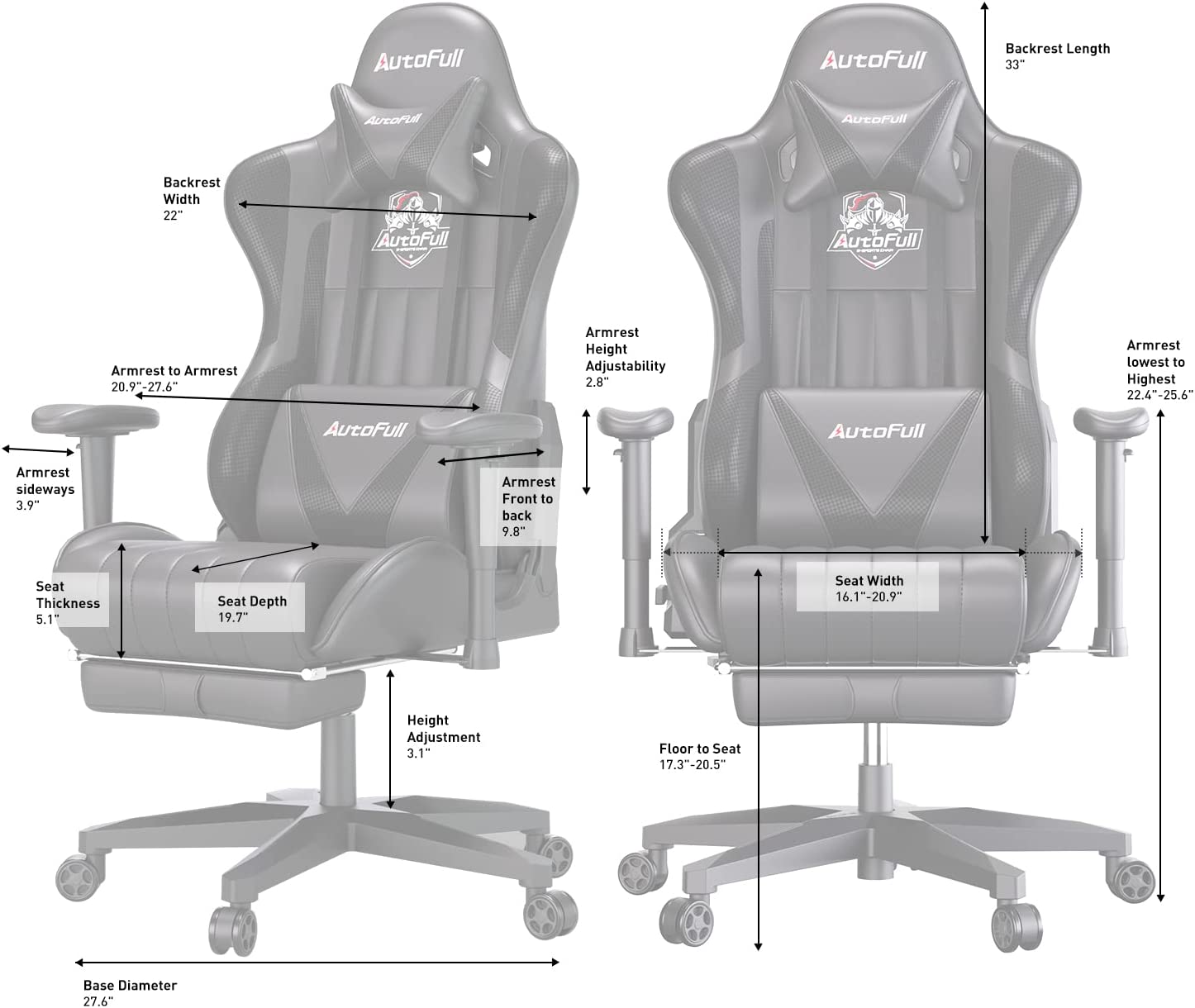 AutoFull Silla Gaming Ergonómica Silla de Oficina Silla Gamer Cuero de PU Silla de Escritorio,Altura e inclinación Ajustables,Soporte Lumbar y reposapiés,Negro