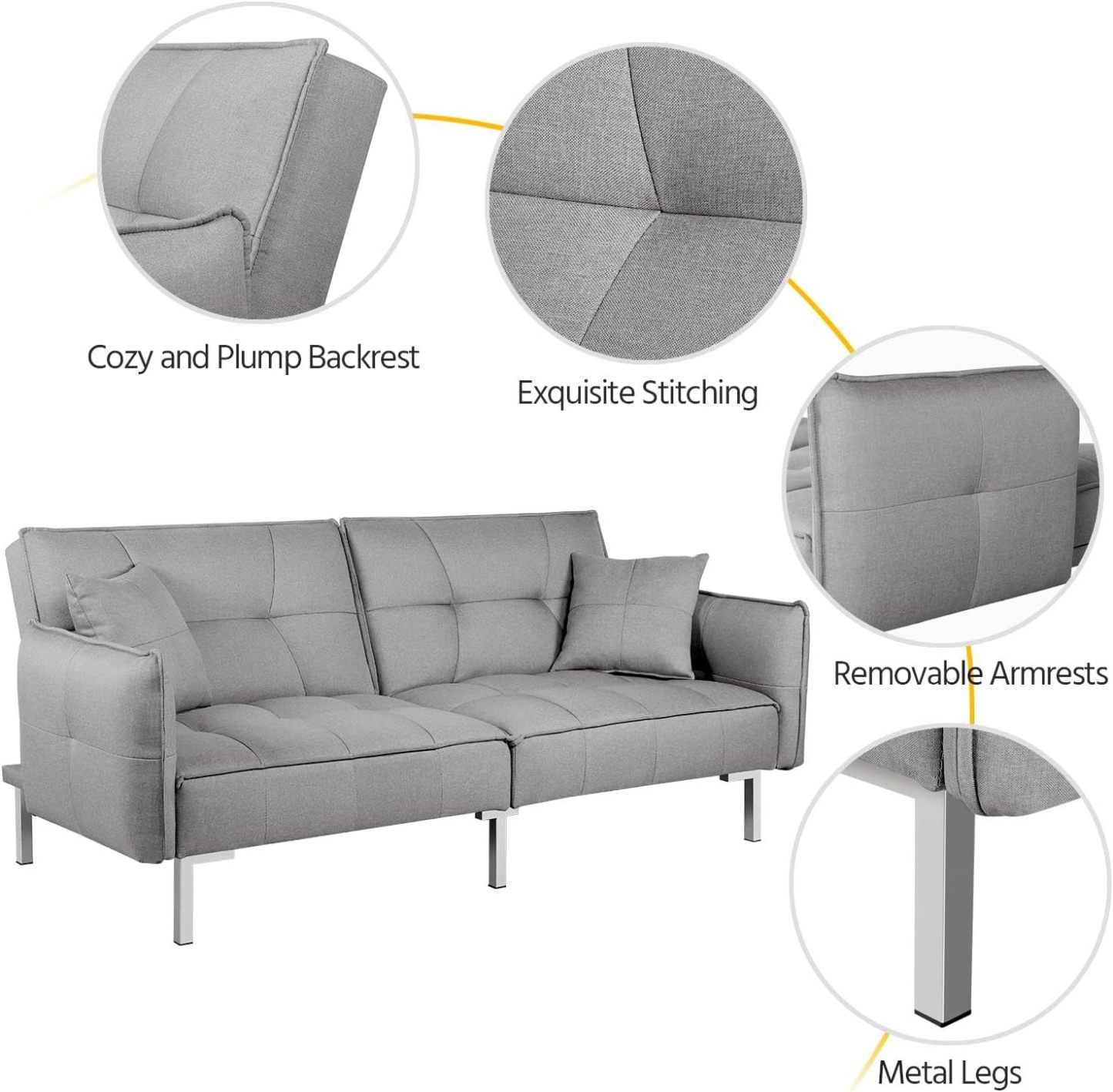 Yaheetech Sofá cama convertible moderno futón sofás, cama plegable y abajo, tela de lino reclinable para sala de estar, color gris
