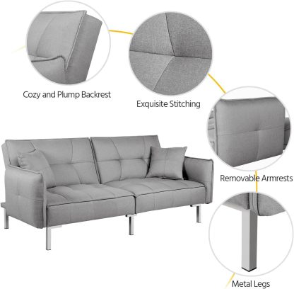 Yaheetech Sofá cama convertible moderno futón sofás, cama plegable y abajo, tela de lino reclinable para sala de estar, color gris