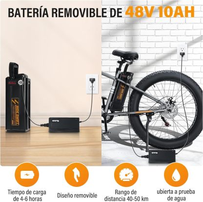 Bicicleta Eléctrica para Adultos,Motor de 500W, con Batería Removible de 48V 10 AH, Velocidad Máxima de 40 km/h, Neumáticos de 26”,Transmisión Shimano 6 velocidades,130kg, VB26 Cruiser