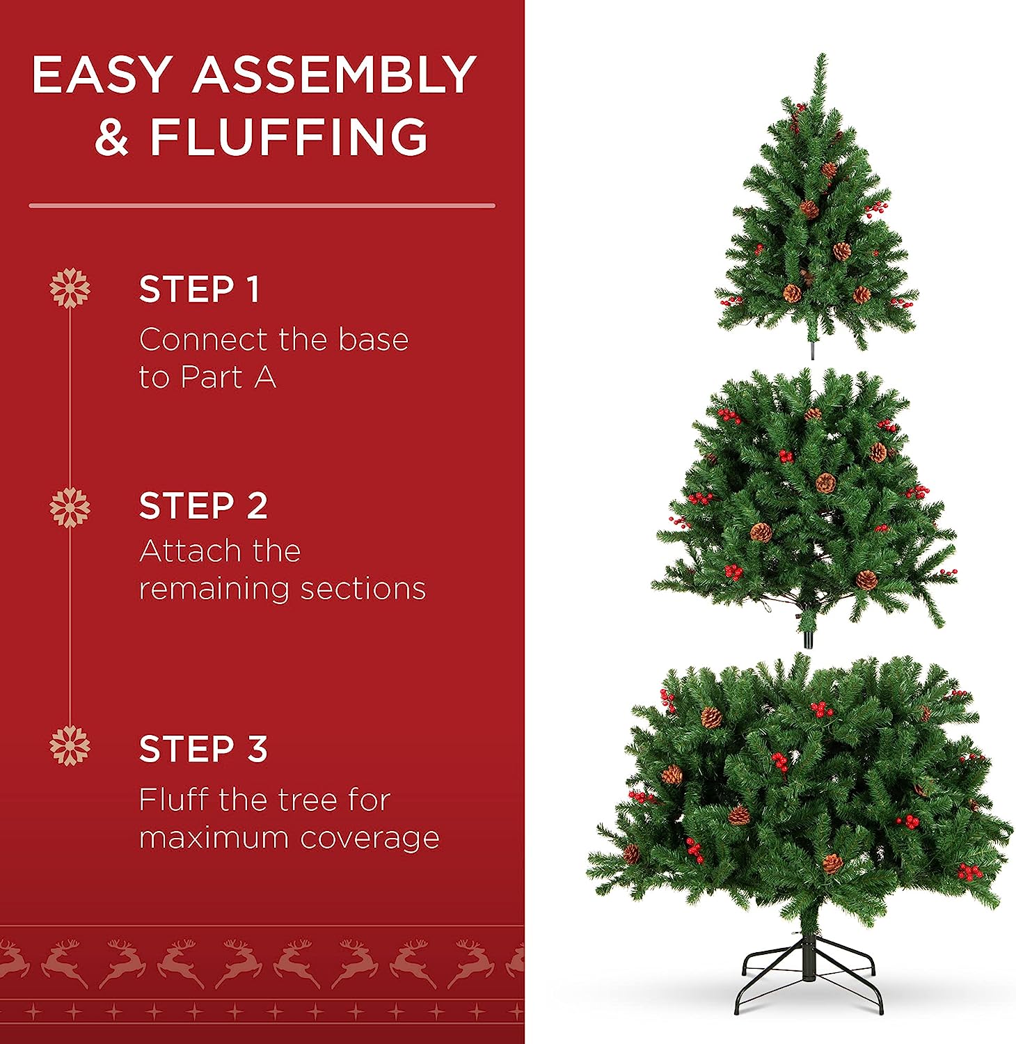 Best Choice Products - Árbol de Navidad artificial preiluminado de 7 pies predecorado con bisagras, con 1.346 puntas, piñas, bayas, 550 luces, base de metal