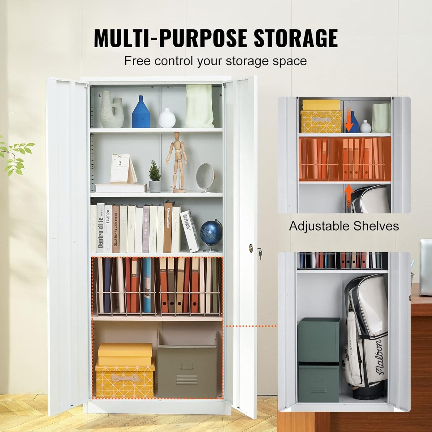 Metal Storage Cabinet with Wheels, 75'' Locking Steel Storage Cabinet with 2 Magnetic Doors and 4 Adjustable Shelves for Office, Garage, Home