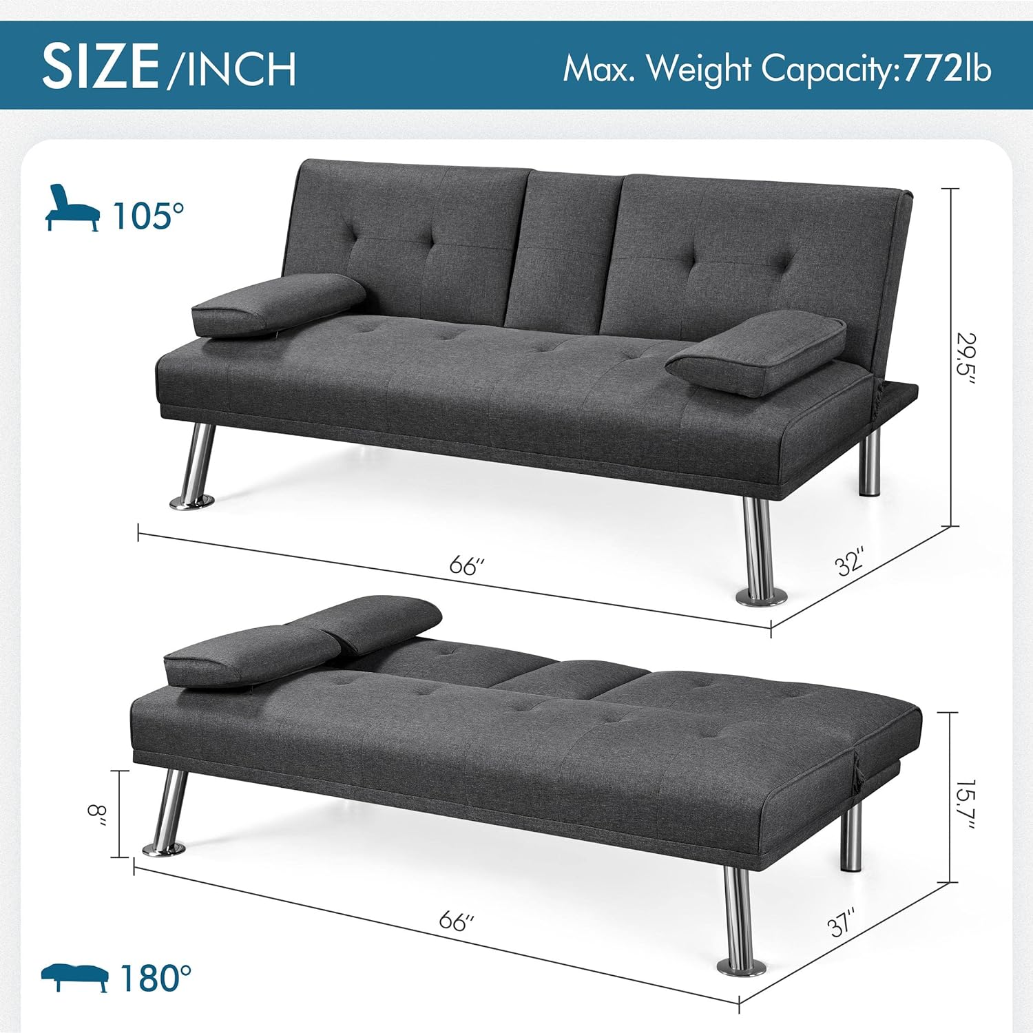 Yaheetech - Sofá cama convertible de tela de lino reclinable, con portavasos y reposabrazos extraíbles, soporta 350 kg