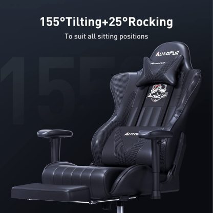 AutoFull Silla Gaming Ergonómica Silla de Oficina Silla Gamer Cuero de PU Silla de Escritorio,Altura e inclinación Ajustables,Soporte Lumbar y reposapiés,Negro