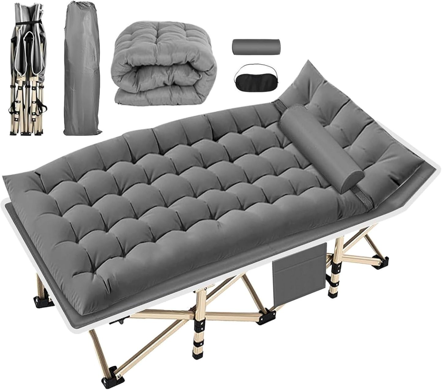 Kayoosi Catre Camastro Plegable Acampar, 190*80CM Cama Plegable Portátil con Cojines de Algodón, Almohadas y Bolsa de Almacenamiento. Cama de Camping Plegable para Ocio en Interiores y Camping (Gris)