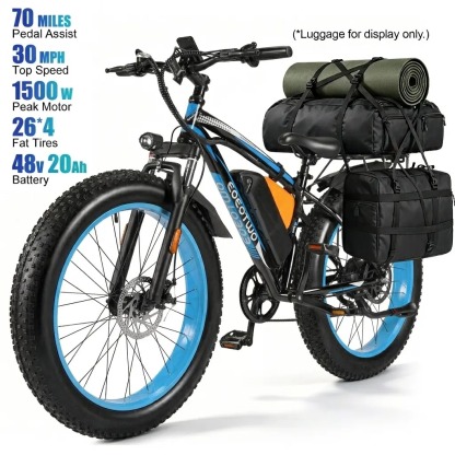 Bicicleta eléctrica con motor de 1500 W de potencia máxima, suspensión delantera, batería de 48 V y 15 Ah, neumáticos de 26" x 4,0", velocidad superior a 30 mph y autonomía de 70 millas; ideal para nieve, montaña y carretera.