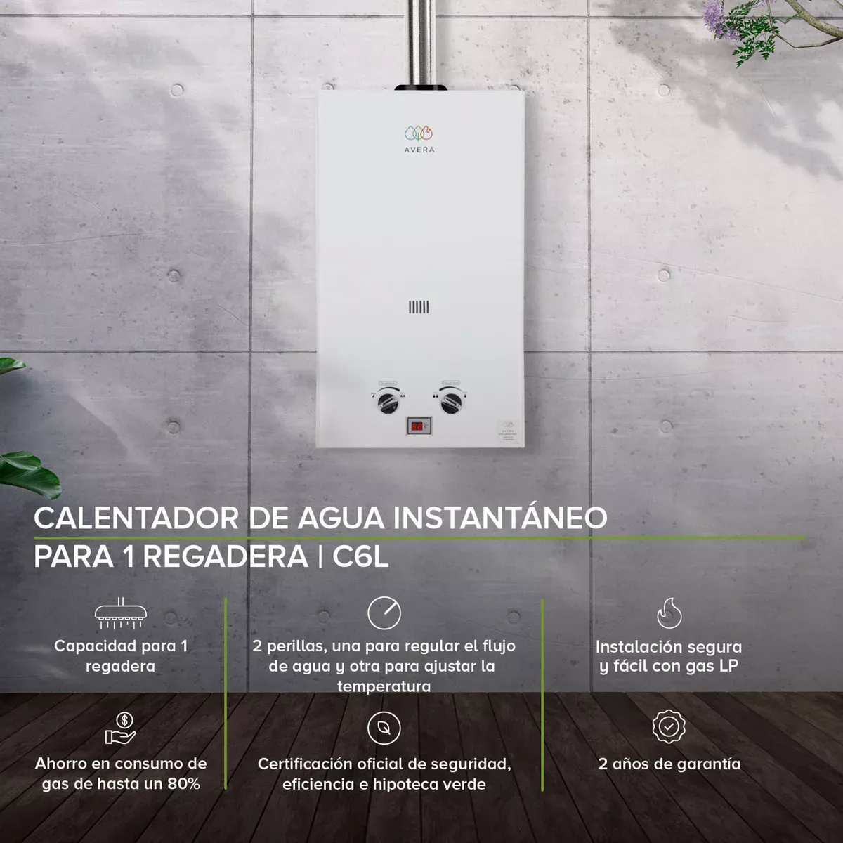 Avera Calentador de agua/ Boiler de paso C6L A gas Blanco GLP