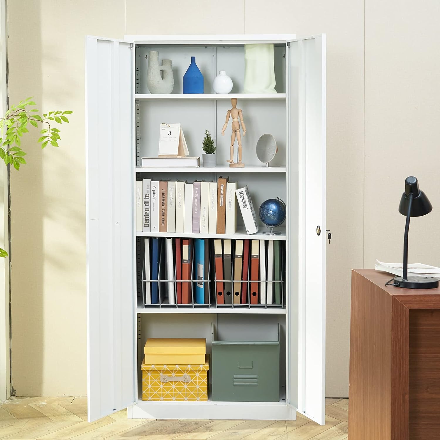 Metal Storage Cabinet with Wheels, 75'' Locking Steel Storage Cabinet with 2 Magnetic Doors and 4 Adjustable Shelves for Office, Garage, Home