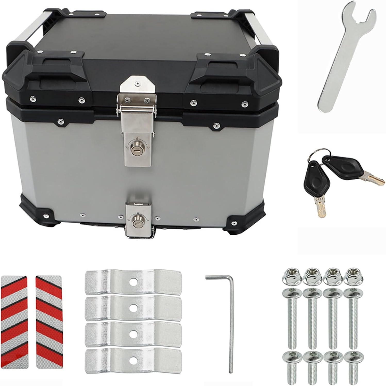 Labwork - Caja trasera para motocicleta de 45 l, con placa de montaje, aleación de aluminio dura, cierre de seguridad contra robo, metal plateado, caja trasera para maletero
