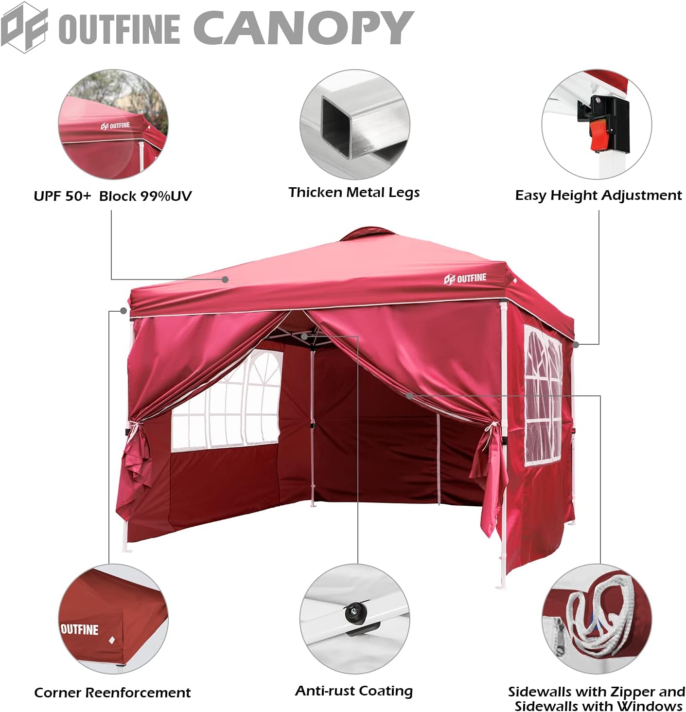 OUTFINE - Toldo desplegable de 10 x 10 pies, para cenador instantáneo, totalmente impermeable, toldos para fiestas al aire última intervensión con 4 paredes laterales extraíbles, estacas x 8, cuerdas x 4 (negro, 10 x 10 pies)