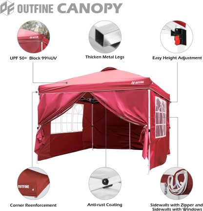 OUTFINE - Toldo desplegable de 10 x 10 pies, para cenador instantáneo, totalmente impermeable, toldos para fiestas al aire última intervensión con 4 paredes laterales extraíbles, estacas x 8, cuerdas x 4 (negro, 10 x 10 pies)
