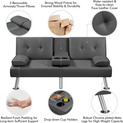 Yaheetech - Sofá Cama Convertible Ajustable, Moderno sillón reclinable de Piel sintética Reversible, sofá Cama Plegable, reposabrazos extraíbles, portavasos, 3 ángulos, Capacidad de 700 Libras, Color