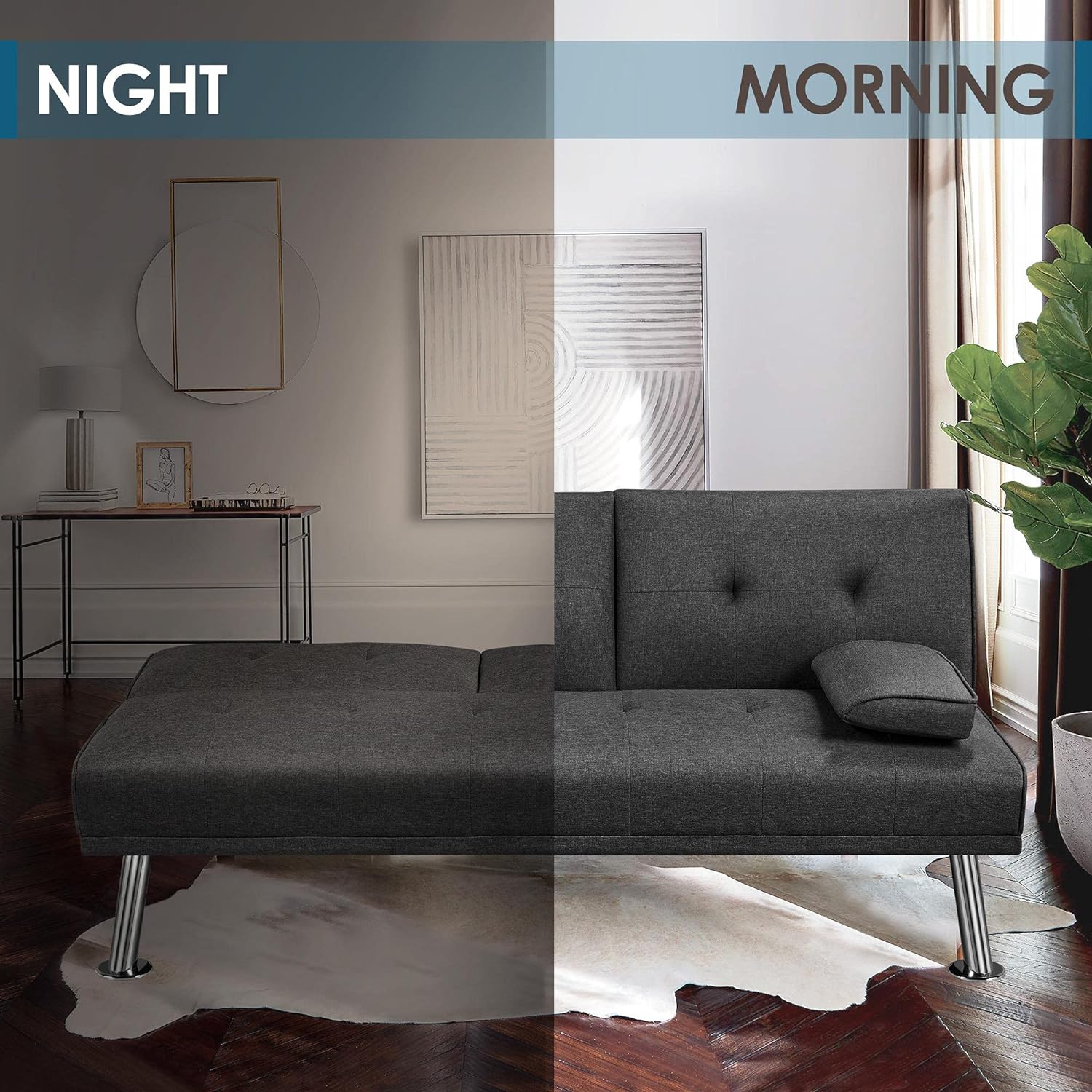 Yaheetech - Sofá cama convertible de tela de lino reclinable, con portavasos y reposabrazos extraíbles, soporta 350 kg