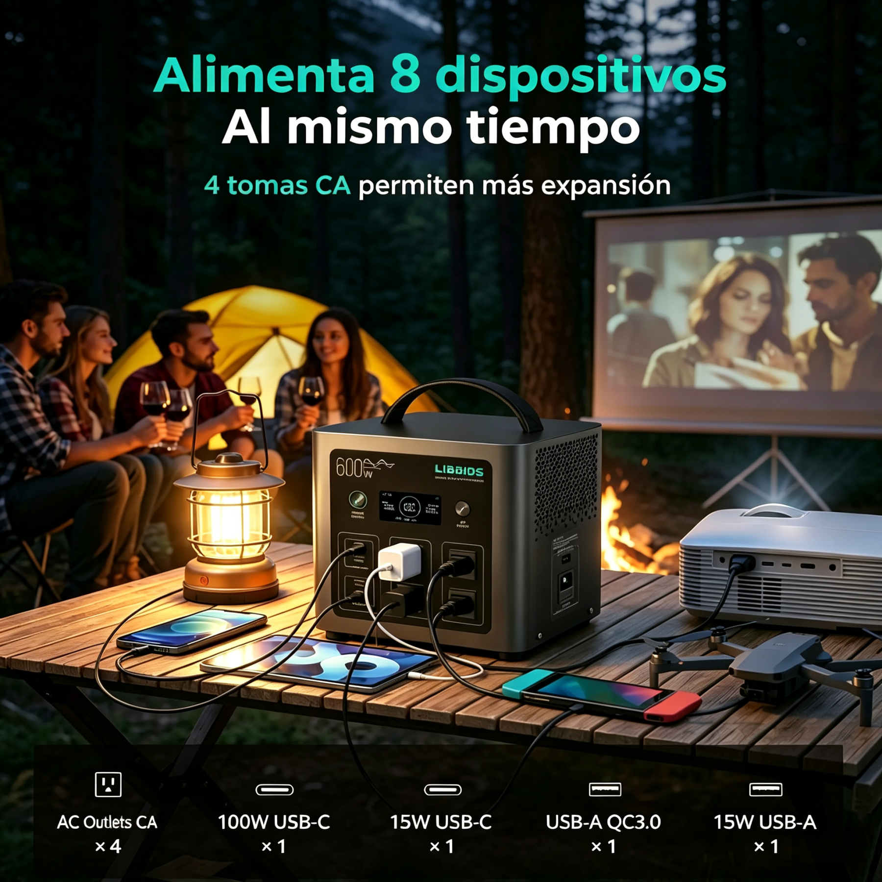Estación de energía portátil LIBRIDS C600: respaldo para el hogar, camping y cortes de luz; generador solar con batería LiFePO4 de 640 Wh, 8 puertos y carga ultrarrápida (0-80 % en 1 hora); fuente de energía de emergencia, ideal para viajes, autocaravanas