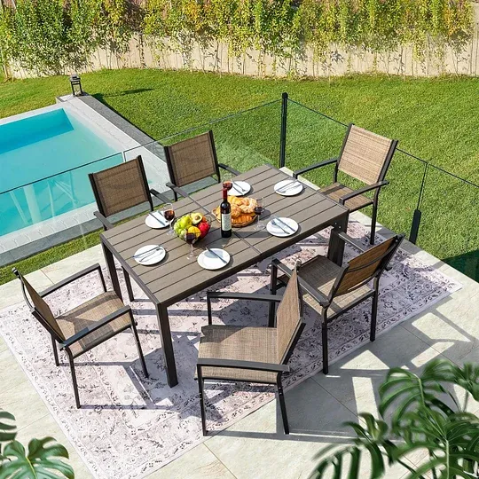 Juego de comedor para patio, 7 piezas, marco de metal, muebles de exterior con 6 sillas de textileno y mesa rectangular, juego de conversación de cocina familiar para patio trasero, césped, terraza (café)