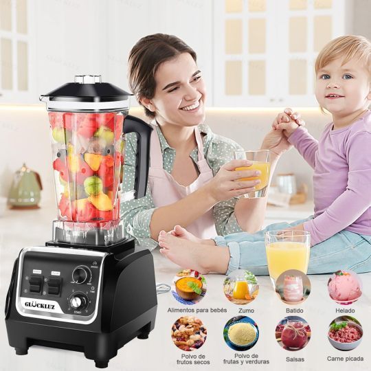 Glückluz Licuadora Profesional Uso Rudo 1800W 2L+Adicional 800ml, Doméstico Comercial Industrial Batidora de Verduras Extractor de Velocidad Ajustable y Hielo Picado a Fondo Extractora