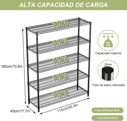Solerconm Estante de Almacenamiento de Metal de 5 Niveles, Rack Organizador, Gran Capacidad,Uso Rudo, Estante Organizador Ajustable Multiusos,para Cocina,Garaje,Supermercado