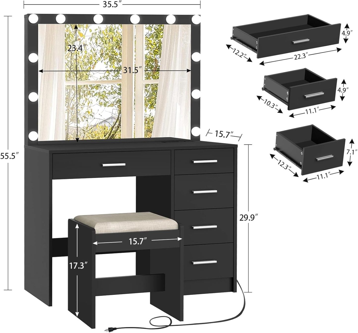 usikey - cambiador de maquillaje con 12 luces, computadora de cambiador con toma de corriente, mesa de maquillaje con 5 cajones, espejo grande, cambiador con taburete para recámara, baño, negro