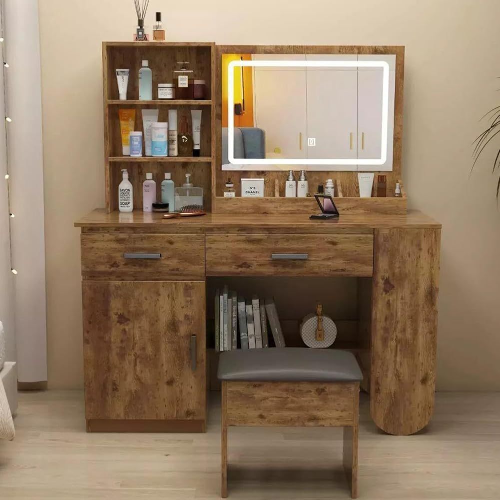 Tocador Vanity de Maquillaje con Espejo,Vanity Tocador con 2 Cajones,Estantes de Almacenamiento,Taburete Acolchado,Tocador con 3 Estantes, Mesa de Maquillaje para Dormitorio 40X100X132CM(Madera)