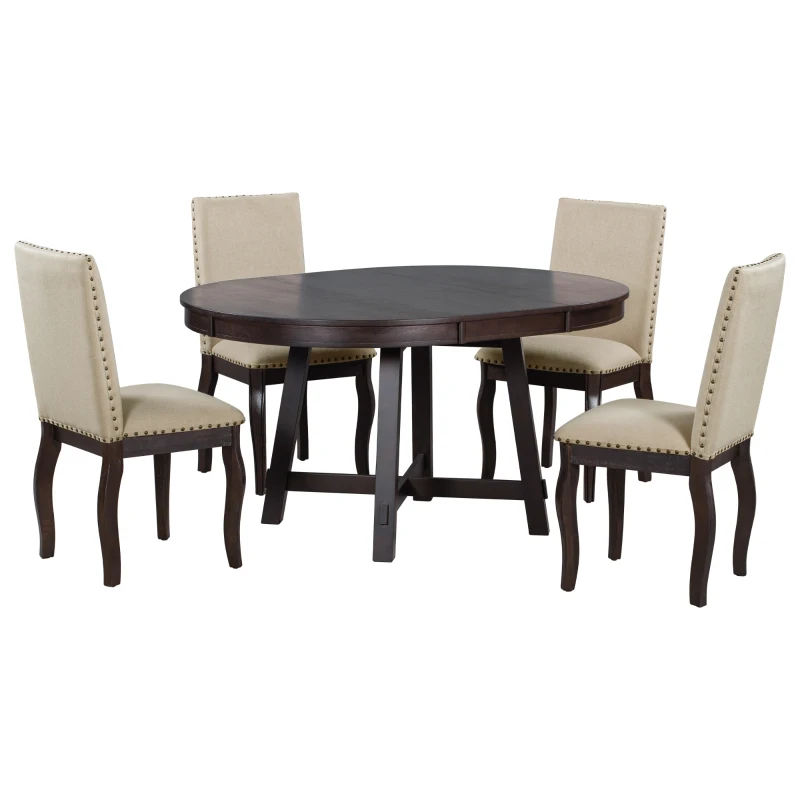 Juego de mesa de comedor de 5 piezas, mesa redonda extensible con base en forma de X y 4 sillas tapizadas, longitud ajustable de 42 a 58 pulgadas