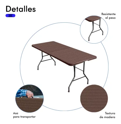 Mesa Plegable De Plástico 1.80 Metros Rattan Z - T9728 Color Marrón