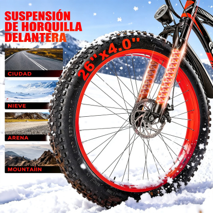Bicicleta eléctrica con motor de 1500 W de potencia máxima, suspensión delantera, batería de 48 V y 15 Ah, neumáticos de 26" x 4,0", velocidad superior a 30 mph y autonomía de 70 millas; ideal para nieve, montaña y carretera.