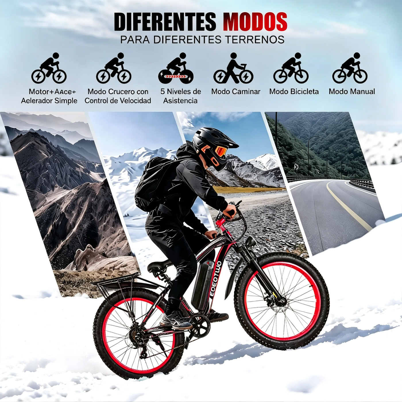 Bicicleta eléctrica con motor de 1500 W de potencia máxima, suspensión delantera, batería de 48 V y 15 Ah, neumáticos de 26" x 4,0", velocidad superior a 30 mph y autonomía de 70 millas; ideal para nieve, montaña y carretera.