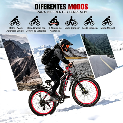 Bicicleta eléctrica con motor de 1500 W de potencia máxima, suspensión delantera, batería de 48 V y 15 Ah, neumáticos de 26" x 4,0", velocidad superior a 30 mph y autonomía de 70 millas; ideal para nieve, montaña y carretera.