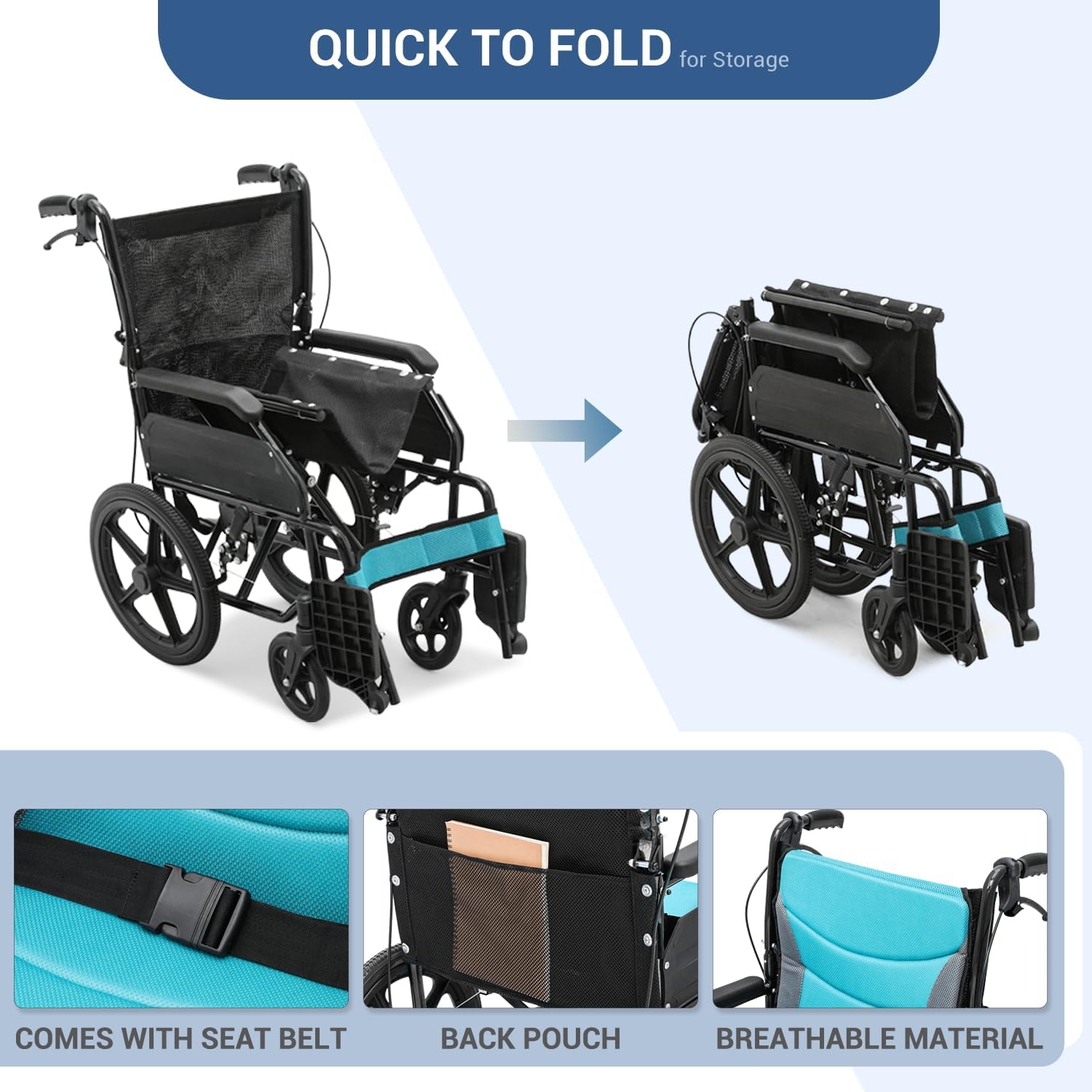 Monicare - Silla de ruedas para adultos con reposapiés abatible y frenos de mano con cierre de bucle, silla de rueda de asiento de 17.5 pulgadas, rueda trasera de 15 pulgadas, ligera, ultraligera,