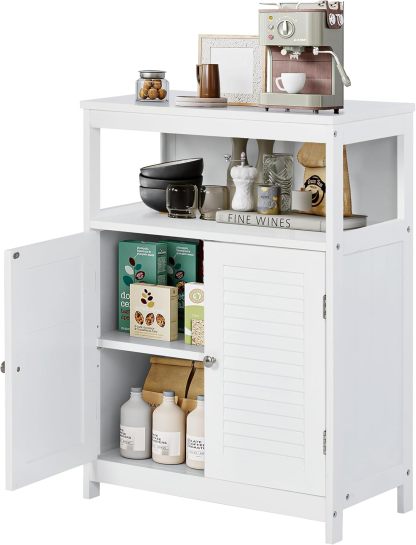 Gabinete de Almacenamiento para Piso de Baño con Puerta Doble, Estante Ajustable, para Baño, Sala de Estar, Cocina, Estilo Nórdico Escandinavo, Fácil Montaje