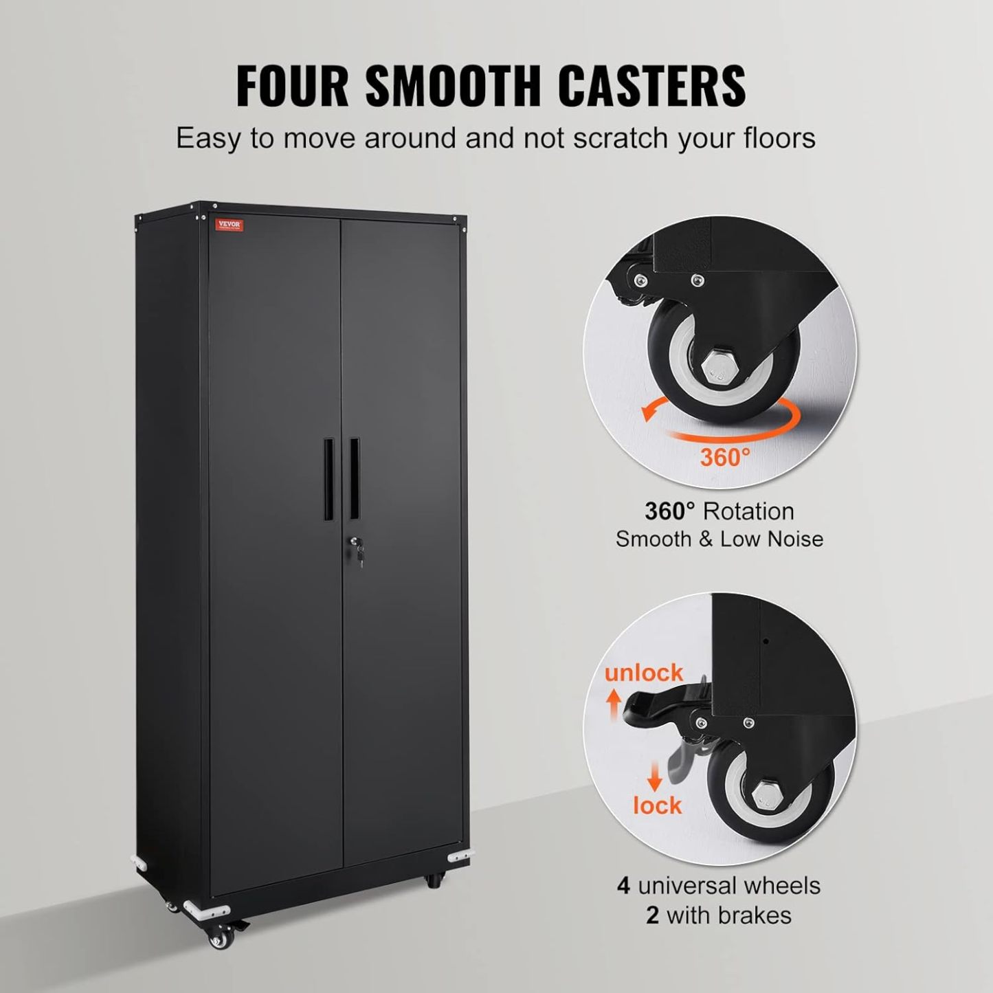 Metal Storage Cabinet with Wheels, 75'' Locking Steel Storage Cabinet with 2 Magnetic Doors and 4 Adjustable Shelves for Office, Garage, Home