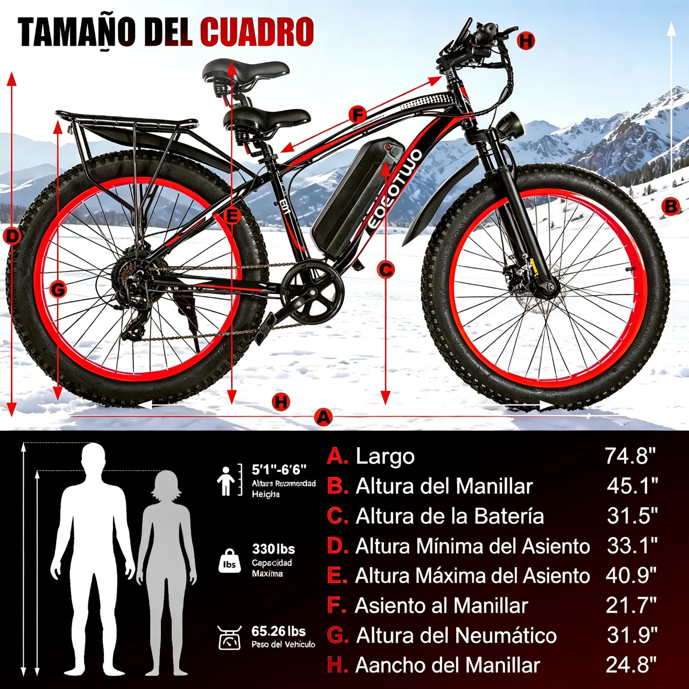 Bicicleta eléctrica con motor de 1500 W de potencia máxima, suspensión delantera, batería de 48 V y 15 Ah, neumáticos de 26" x 4,0", velocidad superior a 30 mph y autonomía de 70 millas; ideal para nieve, montaña y carretera.