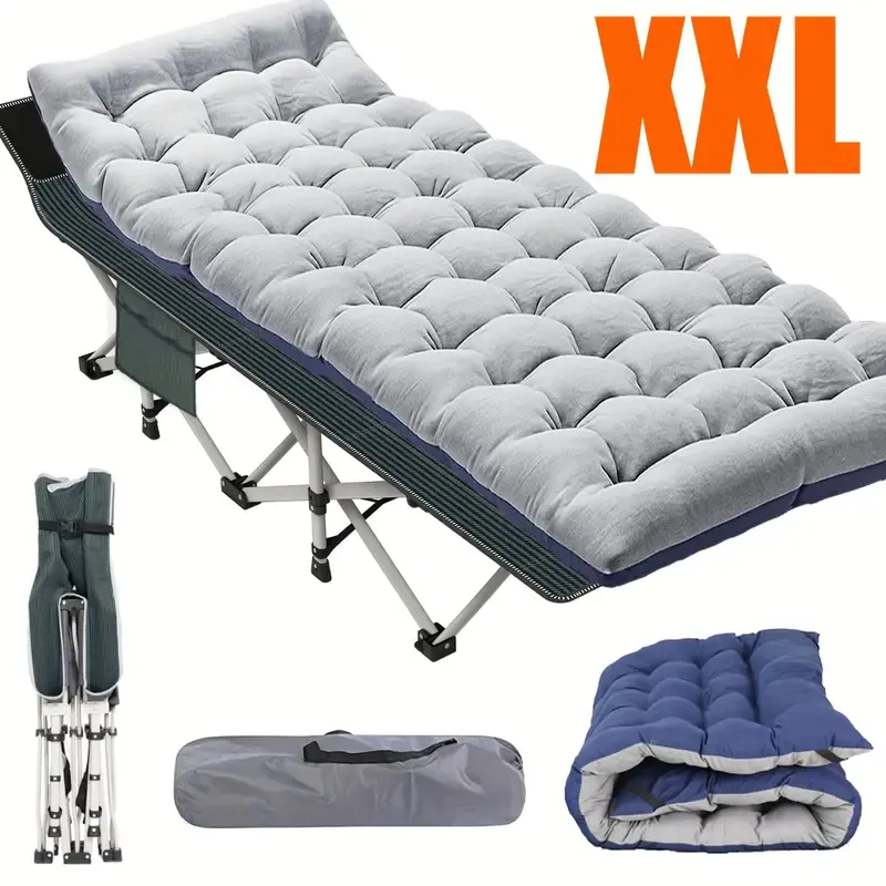 Portable Folding Camping Bed with Dual-Sided Mattress - Heavy-Duty, Easy Carry Design in Gray & Blue