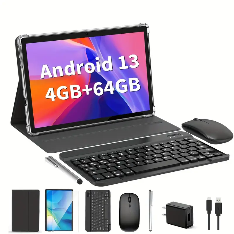 10 Inch 2-in-1 Android Tablet - 4GB RAM, 64GB ROM, 1TB Expand, Android 13, WiFi, Wireless, GMS, with Keyboard, Mouse, Case, and Stylus