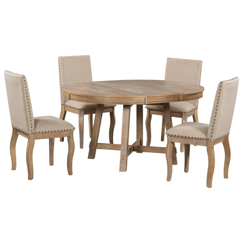 Juego de mesa de comedor de 5 piezas, mesa redonda extensible con base en forma de X y 4 sillas tapizadas, longitud ajustable de 42 a 58 pulgadas