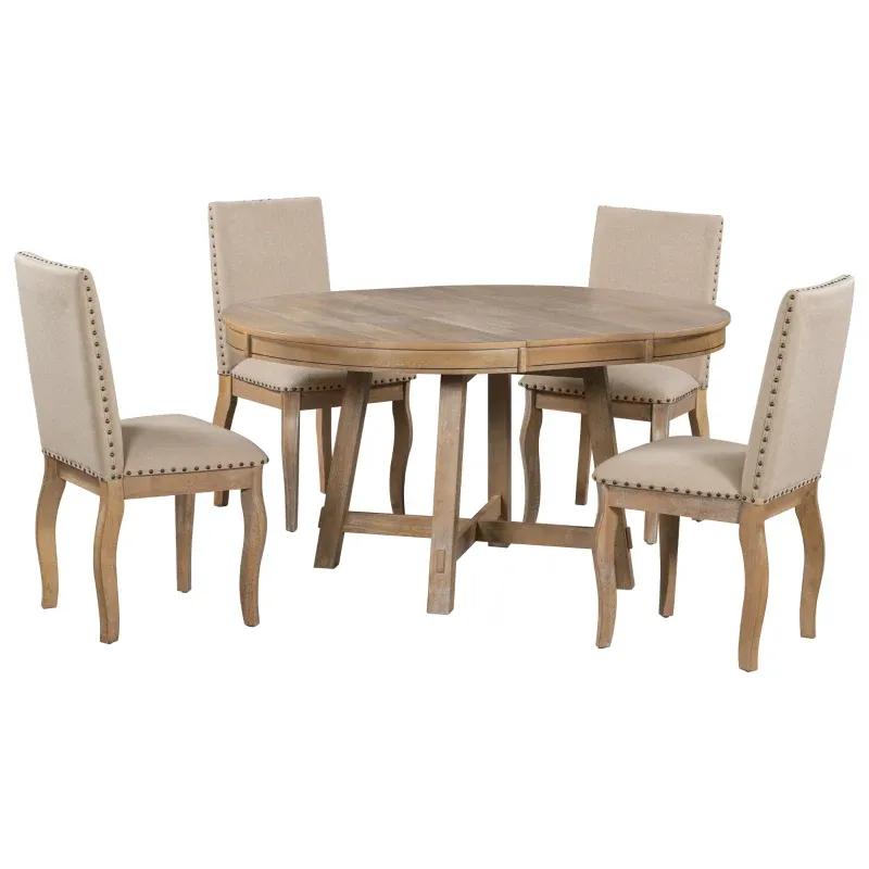Juego de mesa de comedor de 5 piezas, mesa redonda extensible con base en forma de X y 4 sillas tapizadas, longitud ajustable de 42 a 58 pulgadas