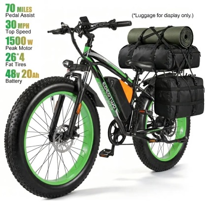 Bicicleta eléctrica con motor de 1500 W de potencia máxima, suspensión delantera, batería de 48 V y 15 Ah, neumáticos de 26" x 4,0", velocidad superior a 30 mph y autonomía de 70 millas; ideal para nieve, montaña y carretera.