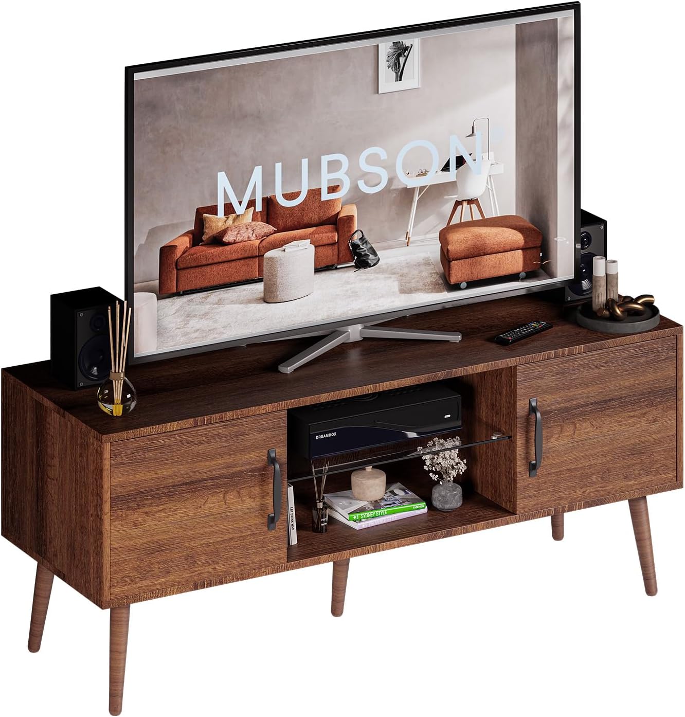 MUBSON Mueble para TV para Pantallas de hasta 55 Pulgadas | 120x39 cm | Centro de Entretenimiento para TV Marena con 3 Repisas y 2 Espacios para Consolas o Bocinas. Mesa para TV. TV Furniture
