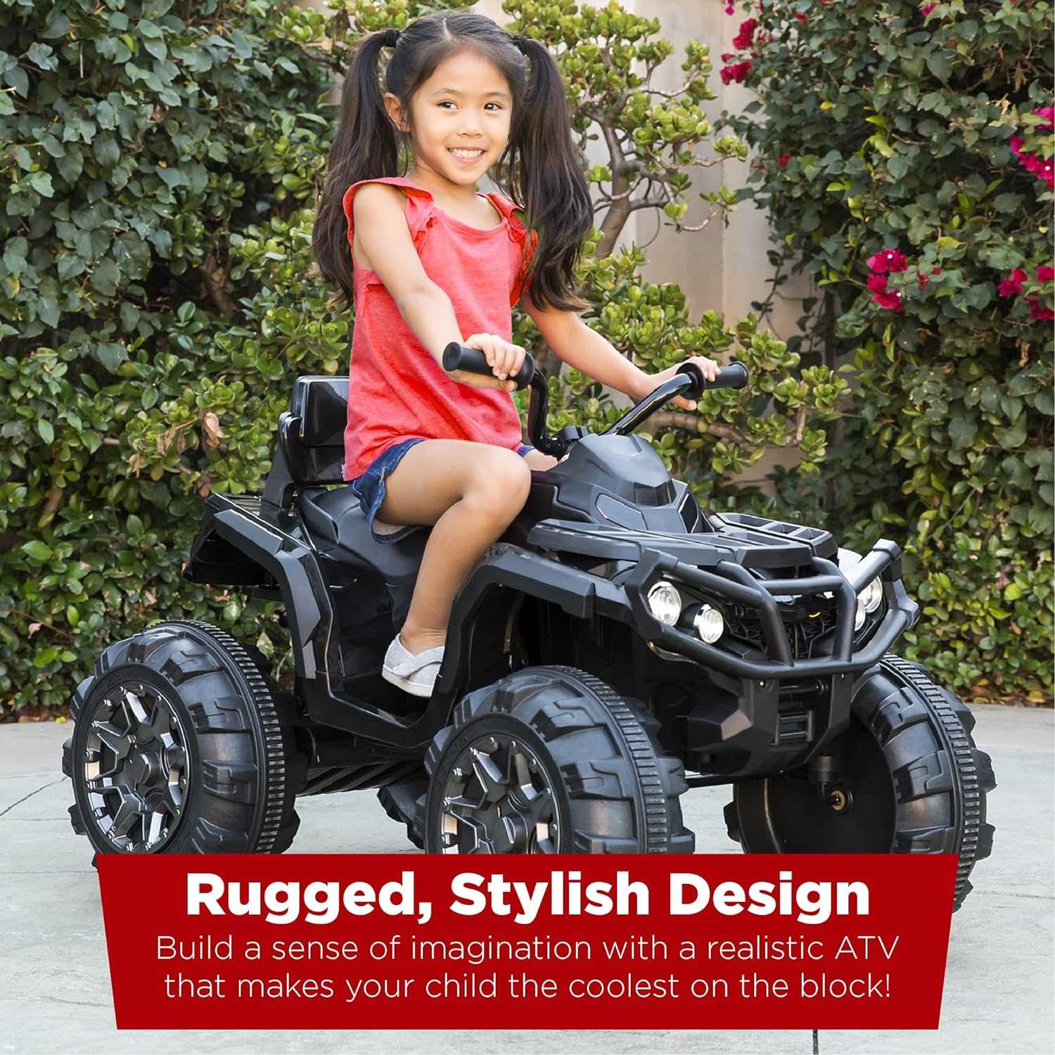 Best Choice Products 12V ATV eléctrico para niños de 4 ruedas con audio Bluetooth, velocidad máxima de 3.7 mph, neumáticos con banda de rodadura, faros LED, radio, color negro