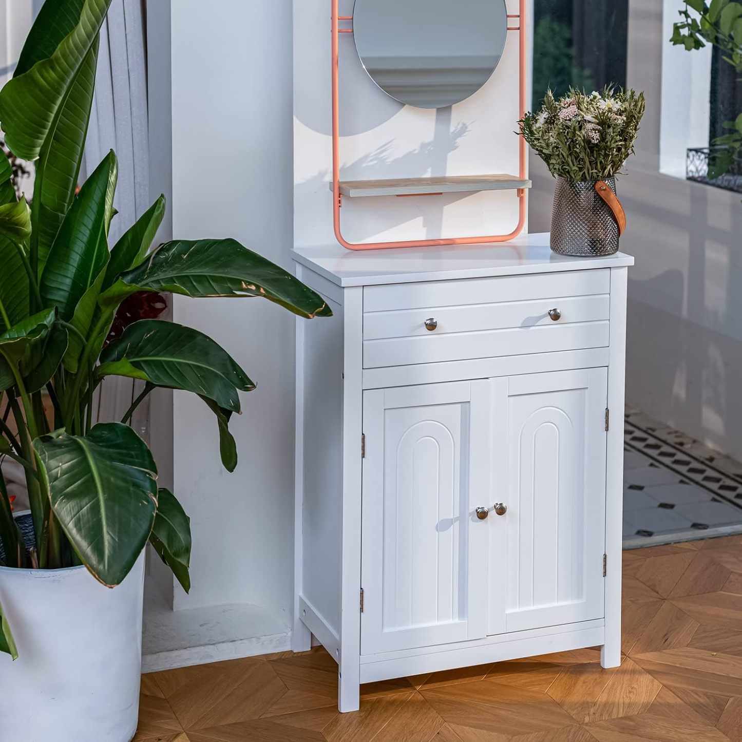 Gabinete de Almacenamiento para Piso de Baño con Puerta Doble, Estante Ajustable, para Baño, Sala de Estar, Cocina, Estilo Nórdico Escandinavo, Fácil Montaje