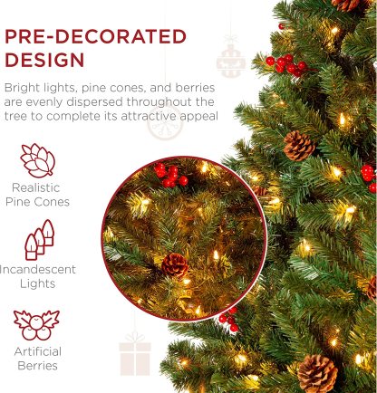 Best Choice Products - Árbol de Navidad artificial preiluminado de 7 pies predecorado con bisagras, con 1.346 puntas, piñas, bayas, 550 luces, base de metal