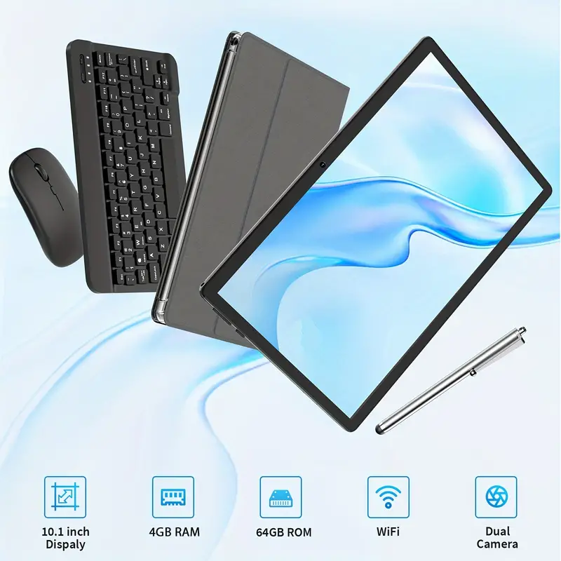 10 Inch 2-in-1 Android Tablet - 4GB RAM, 64GB ROM, 1TB Expand, Android 13, WiFi, Wireless, GMS, with Keyboard, Mouse, Case, and Stylus