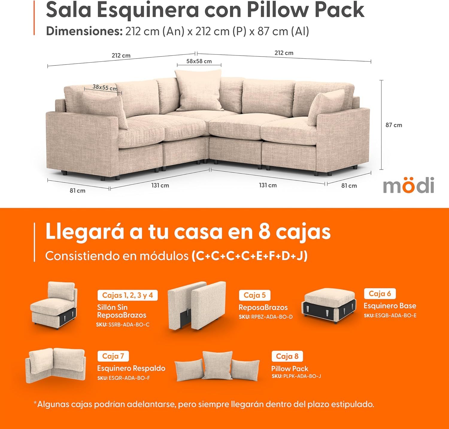 MODISOFA - Sofá Sala Esquinera Modular con Otomano | 6 Plazas | Gris Claro | + Pillow Pack | Fácil de Ensamblar y Adaptable | Envío Gratis
