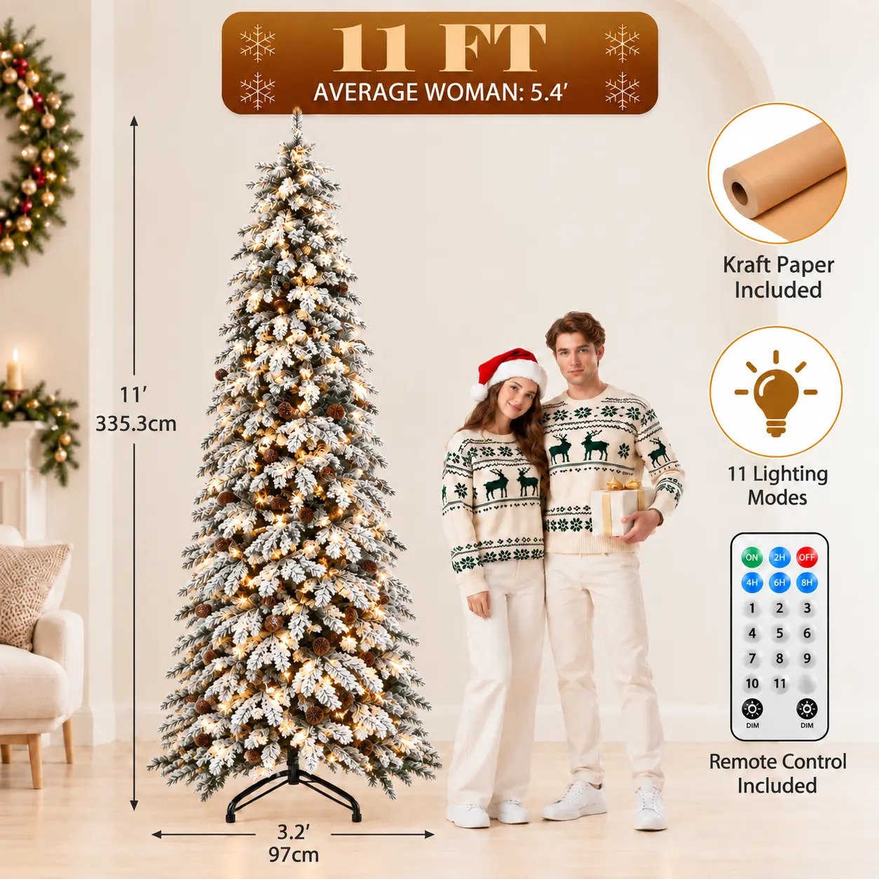 【11 modos de iluminación】 Árbol de Navidad artificial YITAHOME (disponible en 4,5 / 6 / 7,5 / 9 pies) con puntas de PVC y luces de color blanco cálido; ideal para la decoración del hogar o la oficina.